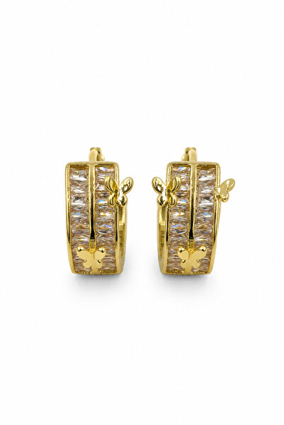 Jack Ferrero Yellow Color Butterfly Detailed Stoned Steel Hoop Earrings