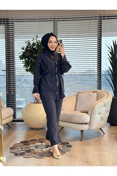 ALANURMODA 22678 Metal Button Suit with Lace-Up Sleeves Black