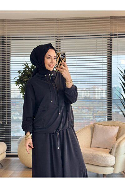 ALANURMODA 7473 Patı Zippered Waist Piece Hooded Suit Black