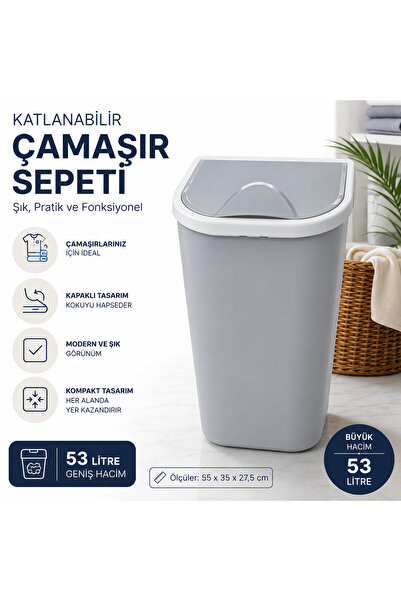 Turkco 53 Litre Büyük Boy Kapaklı Çamaşır Sepeti Dar Alan Uyumlu Banyo Kirli ...