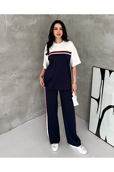 Lacivert Beyaz Şerit Detaylı İkili Takım Oversize Tişört Bol Paça Pantolon Günlük Spor Kombin