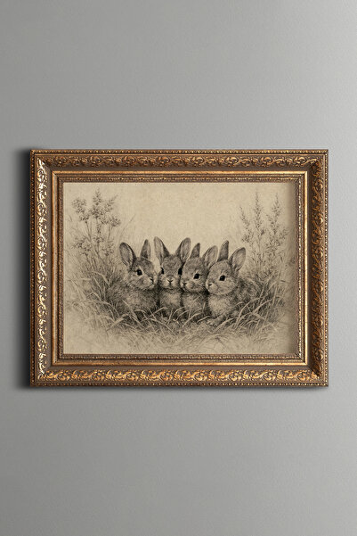 epiqart Cute Baby Rabbits - Vintage Patterned Painting - Thick Model