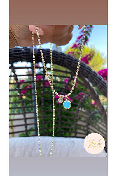 Bade Jewelry Fd Gold Sparkling Chain & Blue Stone Detailed Modern Design Tarn...