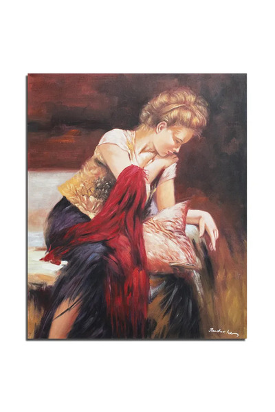 artnova Χειροποίητη ζωγραφιά για σαλόνι, υπνοδωμάτιο, Νεαρή γυναίκα με κόκκιν...