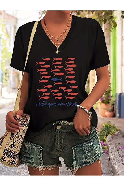 mercoledi Tricou confortabil pentru femei, cu imprimeu Sardine, cu decolteu î...