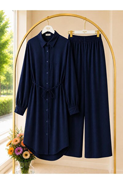 MODA VEDAT Kadın Uzun Tunik Detaylı Pantolon Takım -0500 (tunik 120 cm pantol...