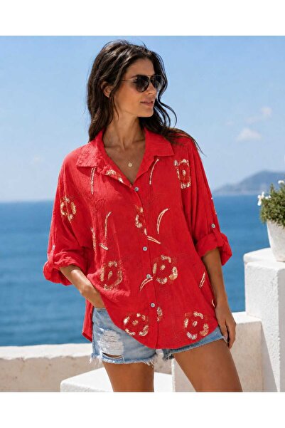 Butik Şans Women's Sequin Detailed Oversize Italian Cotton Shirt