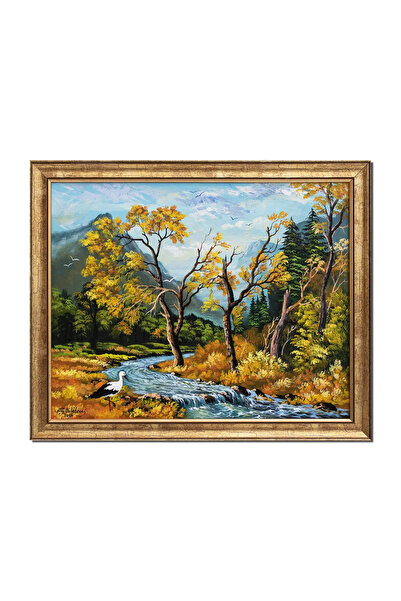 artnova Tablou peisaj de toamna tarzie cu barza, pictat manual inramat, 55x45...