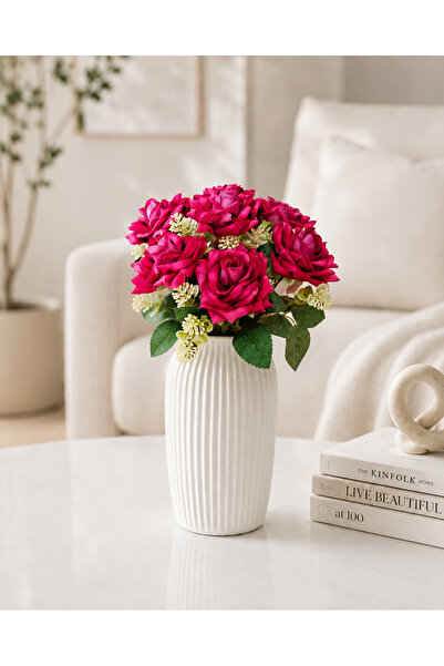 MD Aspiz Flowers باقة زهور صناعية فاخرة من 7 ورود مخملية بلون الفوشيا (بدون و...