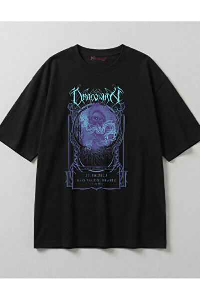 dompulerimoda Draconia Printed Oversize Unisex Black T-Shirt