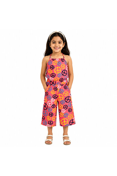Generic Girls' Halter Neck Salwar Kameez with Peace Sign Pattern