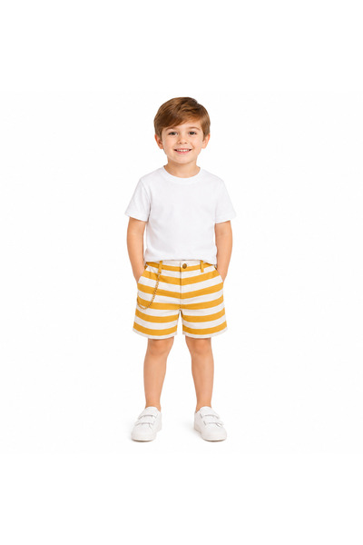 Generic Shorts for Boy Striped Yellow and White with Gold Chain and Pockets