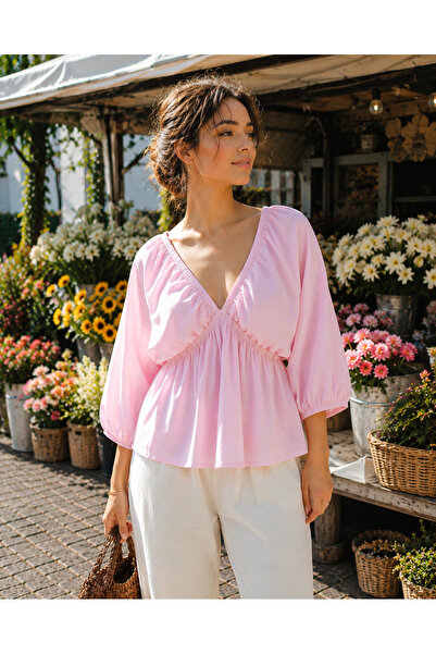 DEEP FAIR Women's Pink V-Neck Tie-Detail Balloon Sleeve Woven Blouse Cm26Bz00399