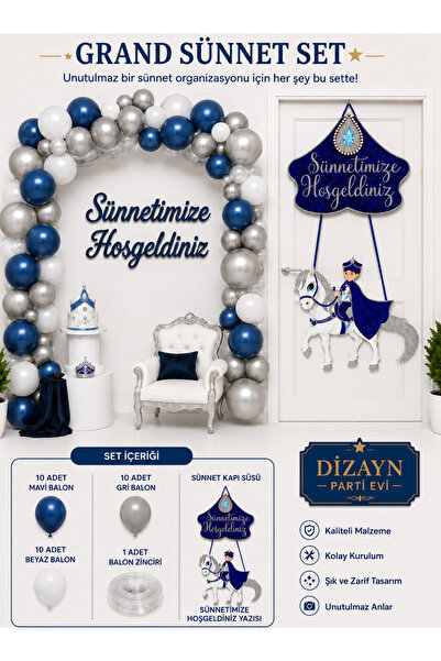 Dizayn Parti Evi Grand Sünnet Seti Lacivert Beyaz Gold / Gri Balonlu Sünnet O...
