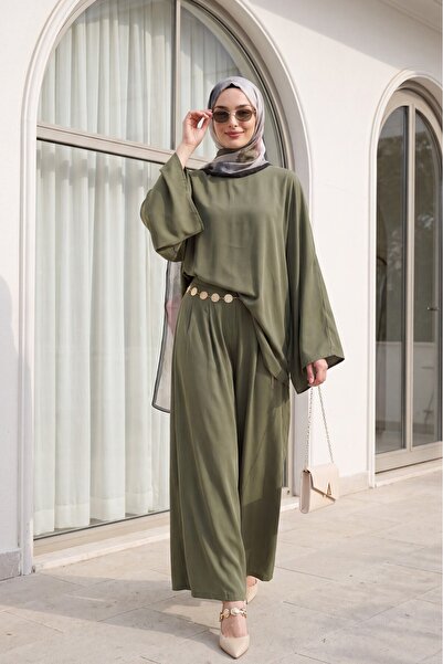 Modamorfo Asymmetrical Cut Wide Sleeve Belted Modal Suit with Wide Leg Pants ...