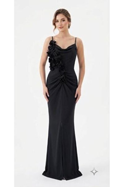 unbranded Women's Black Floral Appliqué Evening Gown with Cowl Neck and Maxi ...