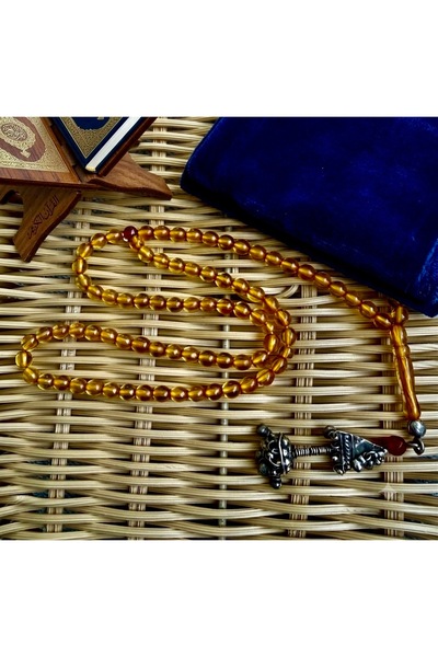 Damla Kehribarcılık Old Antique 99 Luk Fire Amber Old Antique with Silver Tas...