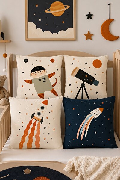 EVPANYA Set de 4 huse de pernă pentru copii și bebeluși cu model Space Traveler