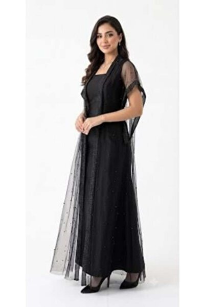 unbranded Women's Black Embellished Mesh Maxi Evening Dress with Square Neck ...