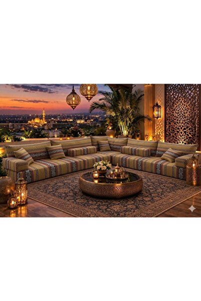 Xboat Arabic Majlis Floor Sofa Set, L-Shaped Sectional, Striped Fabric, Bohemian Style, Indoor Outdoor Seating