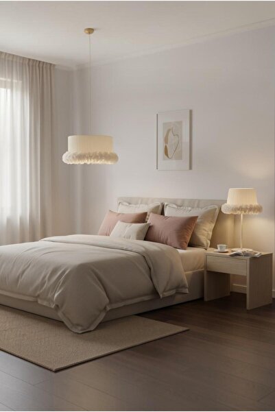 Elizim Home Lighting Tütü Fırfırlı Krem Dekoratif Avize Masa Lambası takım
