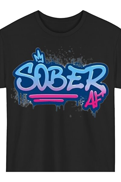 STITCHLY تي شيرت Sober AF بتصميم جرافيتي وتاج، قطن 100%، 180 جرام، للجنسين، أ...