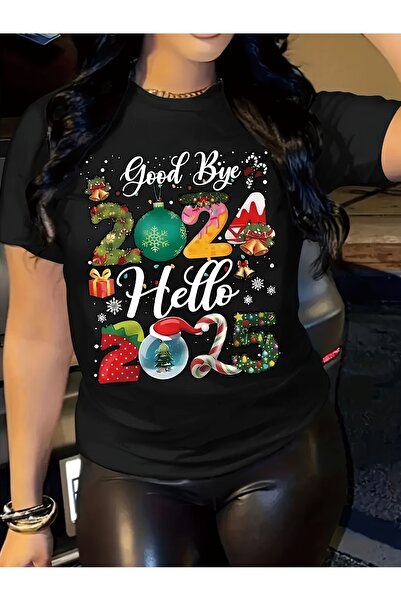 12 HERTZ تي شيرت كاجوال بطباعة "Hello Christmas" وطباعة النبيذ، ذو رقبة دائري...
