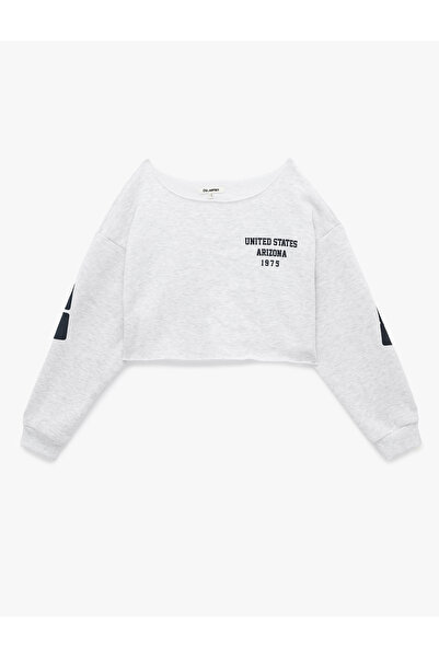Koton Comfortable Fit Three Thread Ribbed Boat Neck Long Sleeve Printed Crop ...