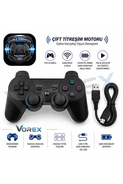 VOREX Trio TR-903 PS3 Uyumlu Kablosuz Oyun Kolu Çift Titreşim Wireless Contro...