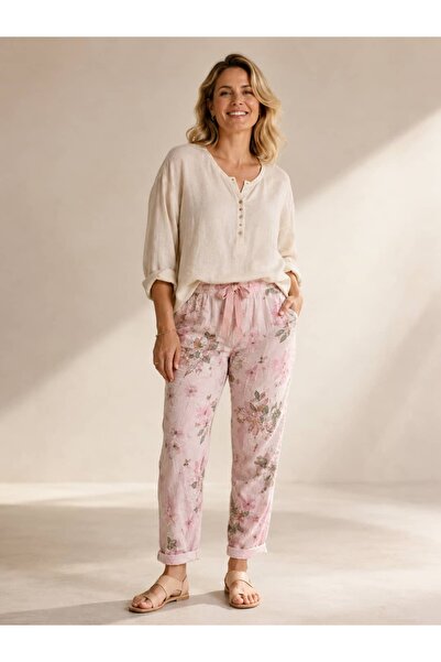 Punta Otantik Msr5437 Italian Floral Patterned Cotton Trousers Pink