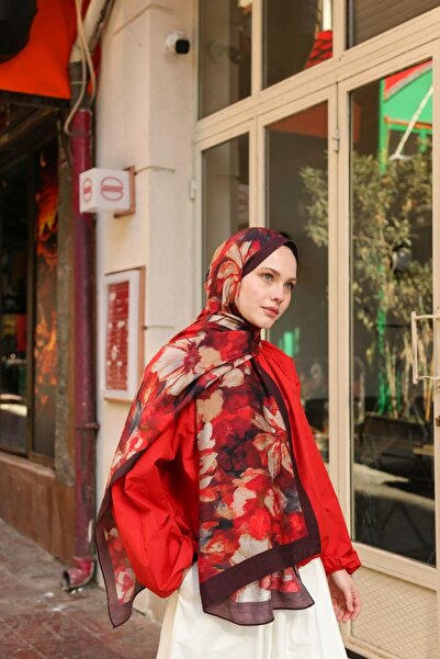 ENRİCO FERRİ Amore Magnolia Pattern Viscose Shawl - Burgundy Red