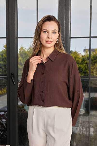 Nuevo Women's Brown Long Sleeve Buttoned Shirt – Comfortable Fit with Folded ...