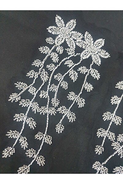 ESRA ŞELEM Silver Beaded Black Brode Applique Guipure Decorative Strip