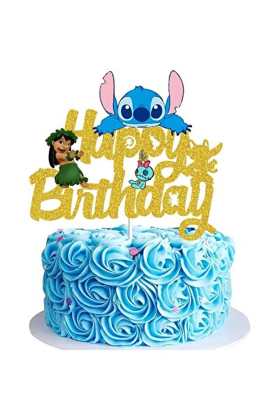 Baloane Vesele Topper Tort Lilo Stitch Happy Birthday Auriu Glitter Decor Pet...