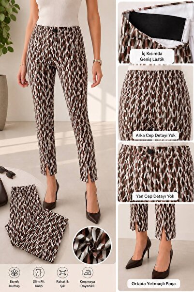 Geometrik Desenli Slim Fit Yüksek Bel Kadın Pantolon Ön Orta Yırtmaçlı Paça