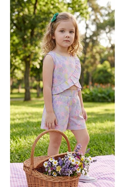 ZeZe Kid Kız Çocuk Pastel Renkli Fırfır Detaylı Crop Bluz Şort Takım
