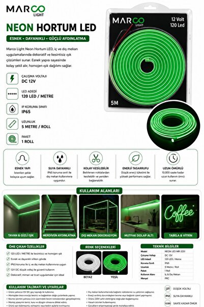 Marco Light 5 Metre Neon Hortum LED 12V DC IP65 Su Geçirmez 120 LED/Metre Esn...