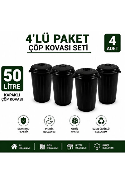 LİDERAMBALAJ07 50 Litre Kapaklı Çöp Kovası Siyah 4'lü Set | Dayanıklı Plastik...