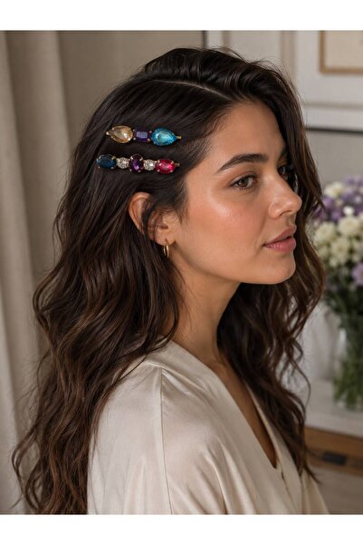 VS ACCESSORY مجموعة من 2 مشبك شعر مرصع بالأحجار الملونة