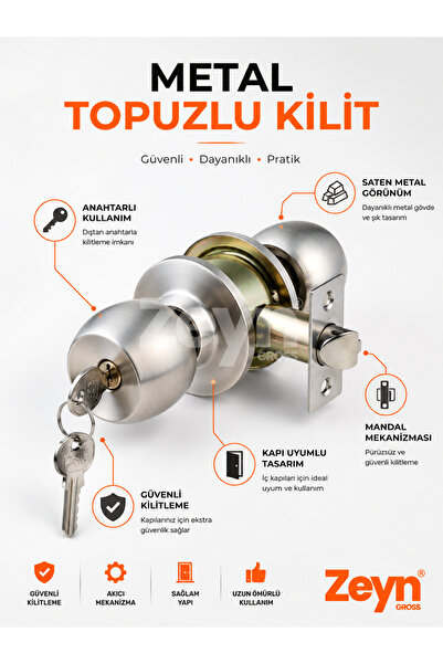 Zeyn Gross Metal Topuzlu Kapı Kilidi Anahtarlı Saten Gümüş Oda Ofis Kapı Kili...