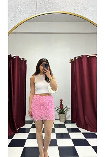Genel Markalar Pembe 3 Boyutlu Gül Aplikeli Mini Etek