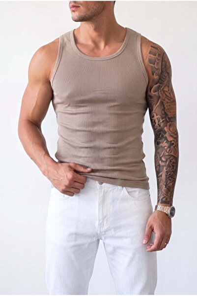 VACHT Men's Stone Colored Halter Collar Detailed Streetwear Tank Top