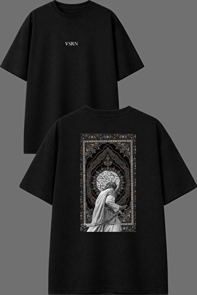 VSRN Ethnic Ali Halı Design Back Printed Black Oversize T-Shirt