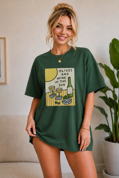 FECCY Premium Olives Printed Oversize Women's T-Shirt Cotton Oversize T-Shirt