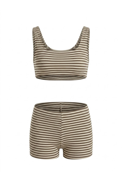 AQUELLA Beige Brown Stripe Bustier Shorts Set