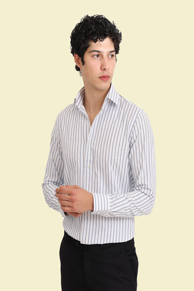 Erkek Slim Fit Çizgili Pamukluk Kolay Ütülebilen Klasik Gömlek