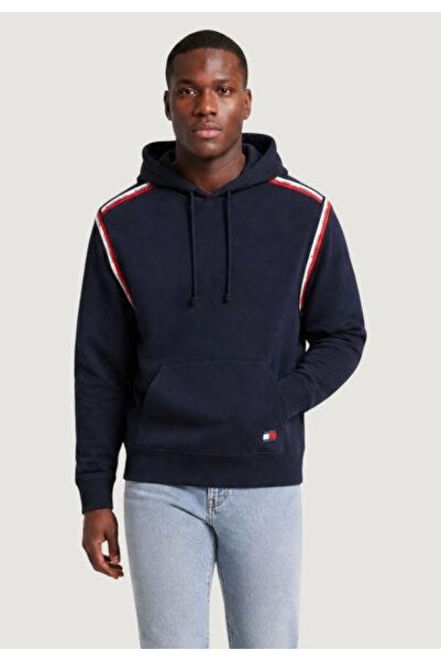 Tommy Hilfiger سويت شيرت رجالي بغطاء للرأس وشعار باللون الأزرق الداكن