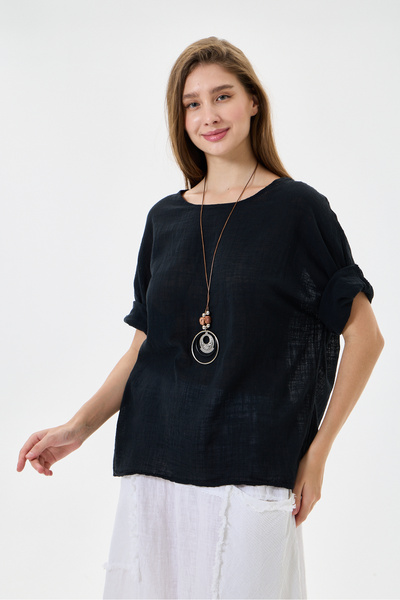 della moor Black Italian Oversize Blouse with Necklace, Size 40 - 44