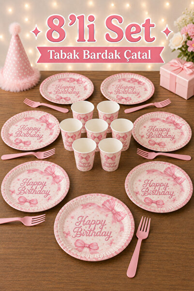 Baloncu Nene Fiyonk Desenli Pembe Happy Birthday 8’li Tabak Bardak Çatal Doğu...