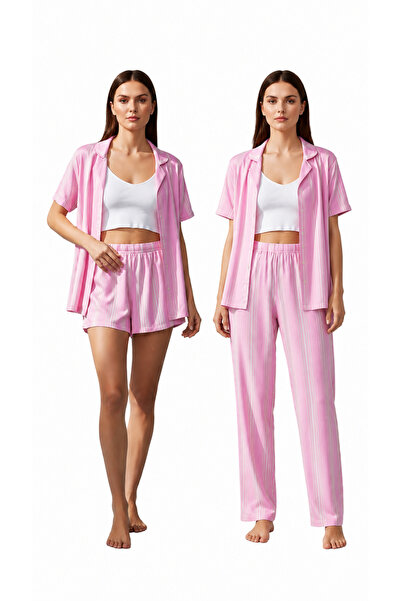 DIVINUS PEMBE ÇİZGİLİ EV GİYİMİ 6 LI SET (PANTALON/ŞORT/BLUZ/BÜSTİYER/ÇORAP/T...